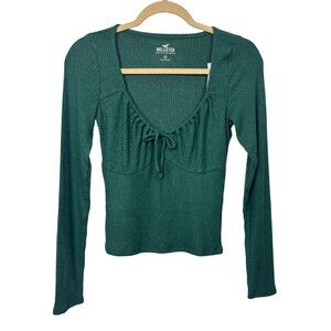 NWT Hollister M Green Ribbed Long Sleeve Top Milkmaid Peasant Neckline
